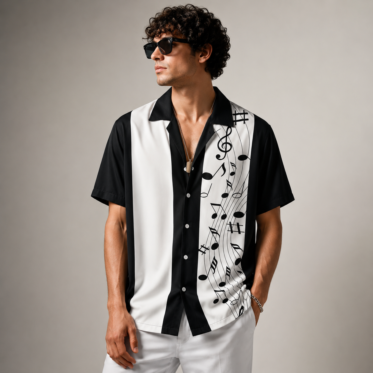 Music Tone Pattern Short Sleeve Button-Up Shirt
