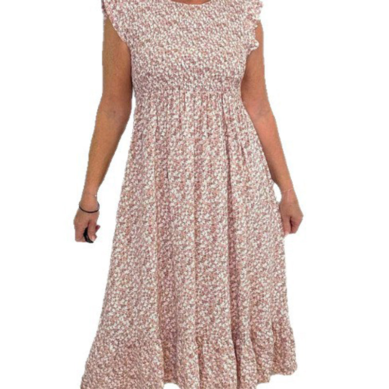 Elegant Floral Print High-Waisted Ruffle Sleeve Dress