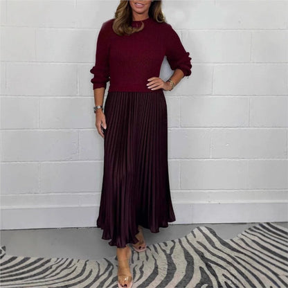 Women's Solid Color Long Sleeve Jumper & Pleated Bottom Dress