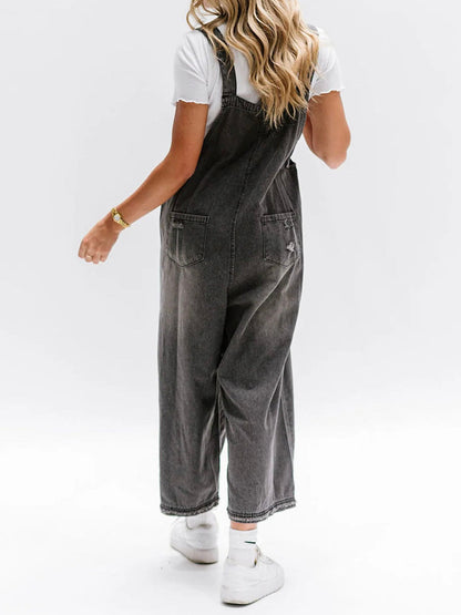 Luxury Distressed Washed Denim Overall Jumpsuit