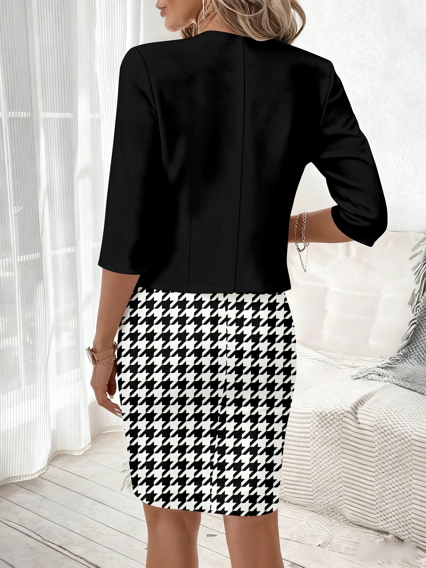 Houndstooth Knit Round Neck Dress Set