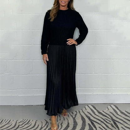 Women's Solid Color Long Sleeve Jumper & Pleated Bottom Dress