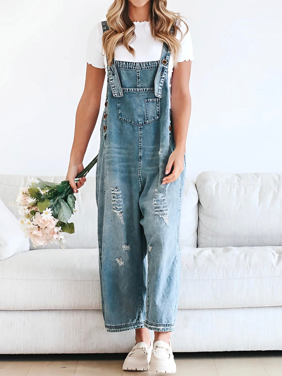 Luxury Distressed Washed Denim Overall Jumpsuit