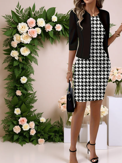 Houndstooth Knit Round Neck Dress Set