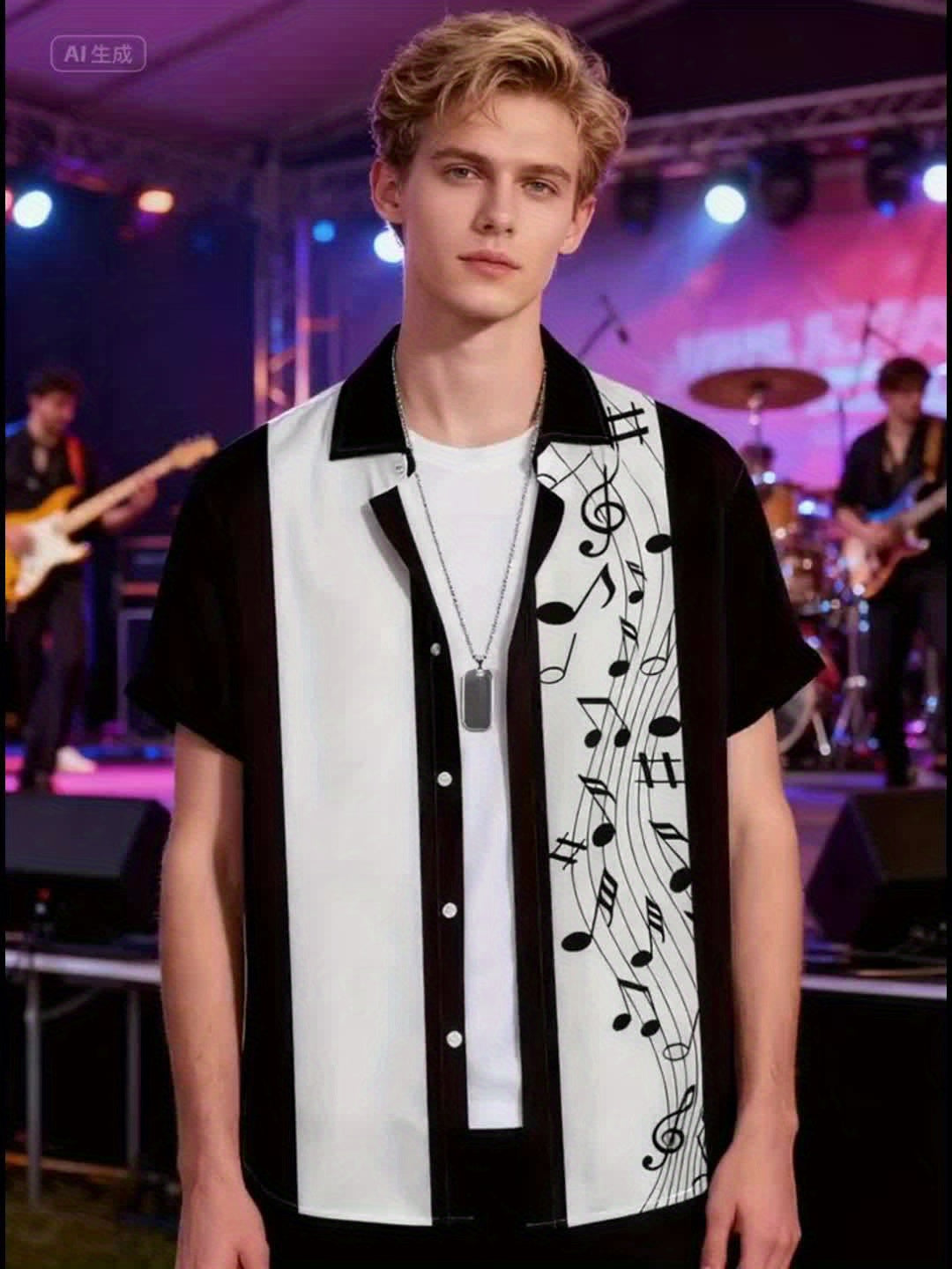 Music Tone Pattern Short Sleeve Button-Up Shirt