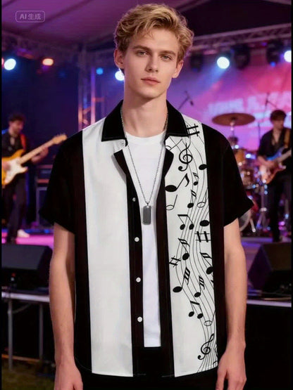 Music Tone Pattern Short Sleeve Button-Up Shirt