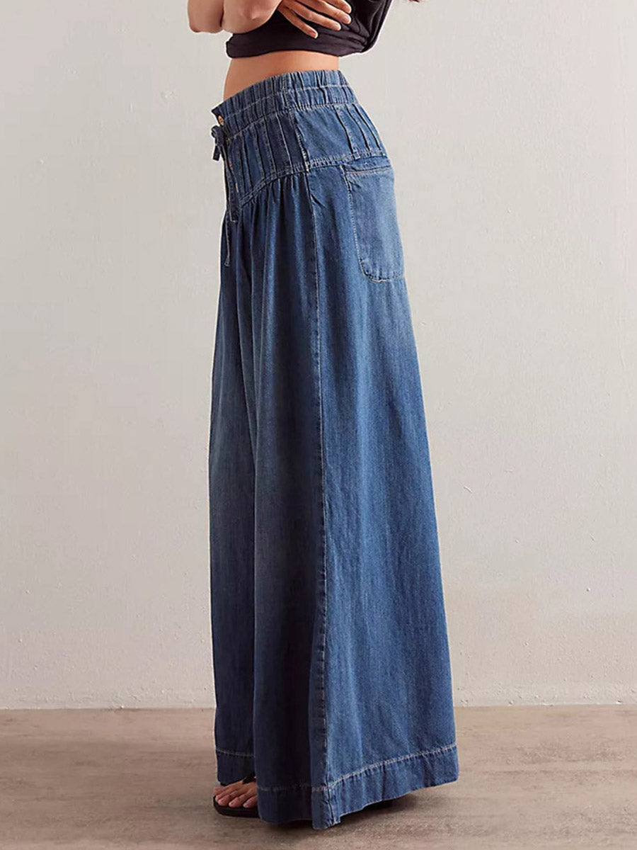 Wide-Leg Denim Drawstring Jeans