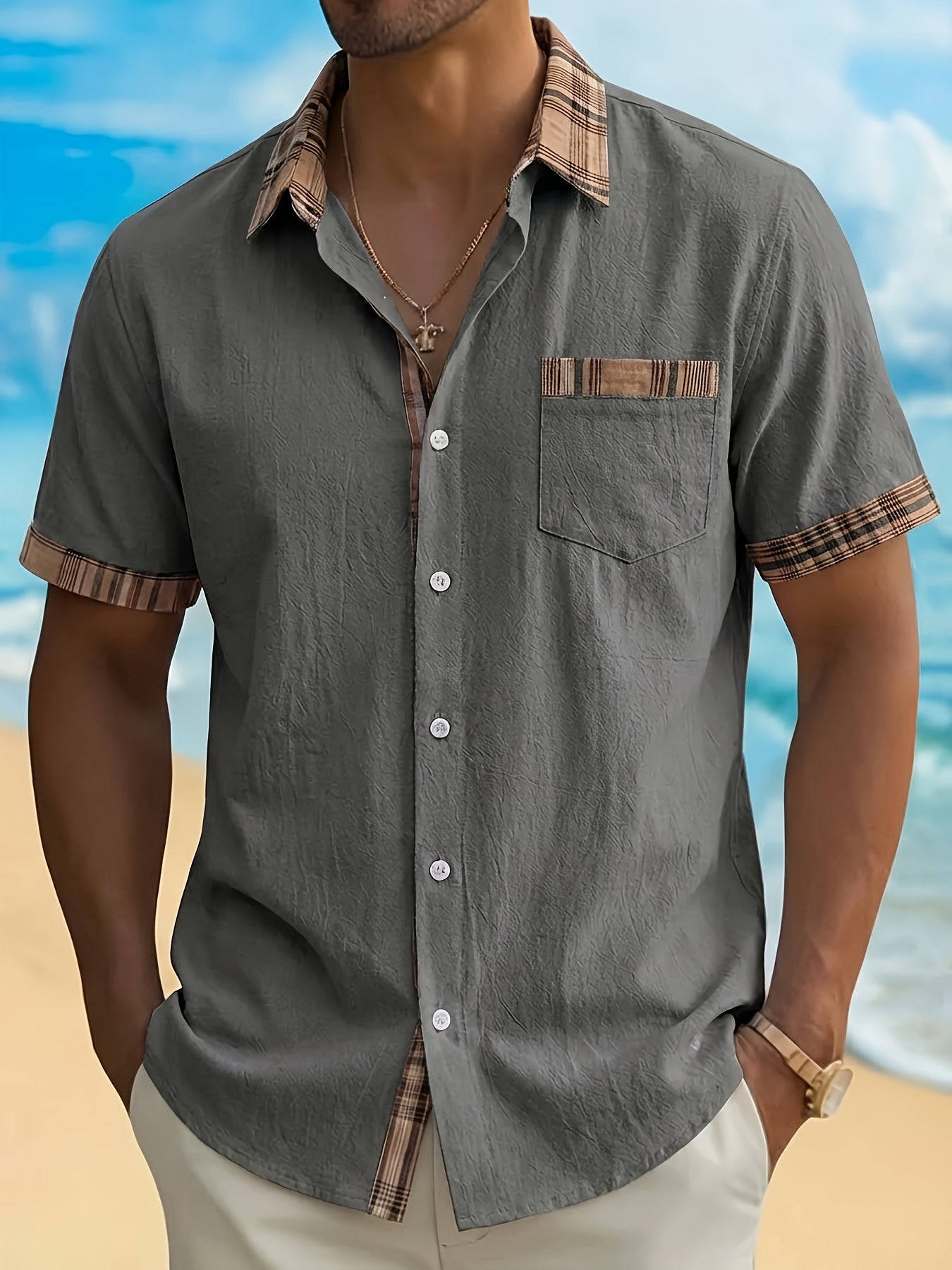 Plaid Patchwork Pocket Short Sleeve Shirt