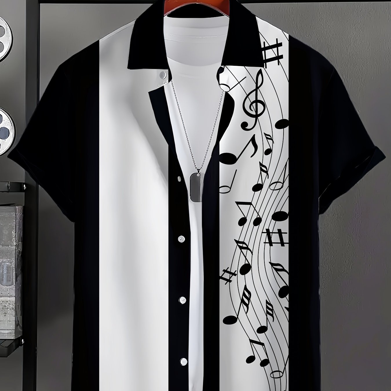 Music Tone Pattern Short Sleeve Button-Up Shirt
