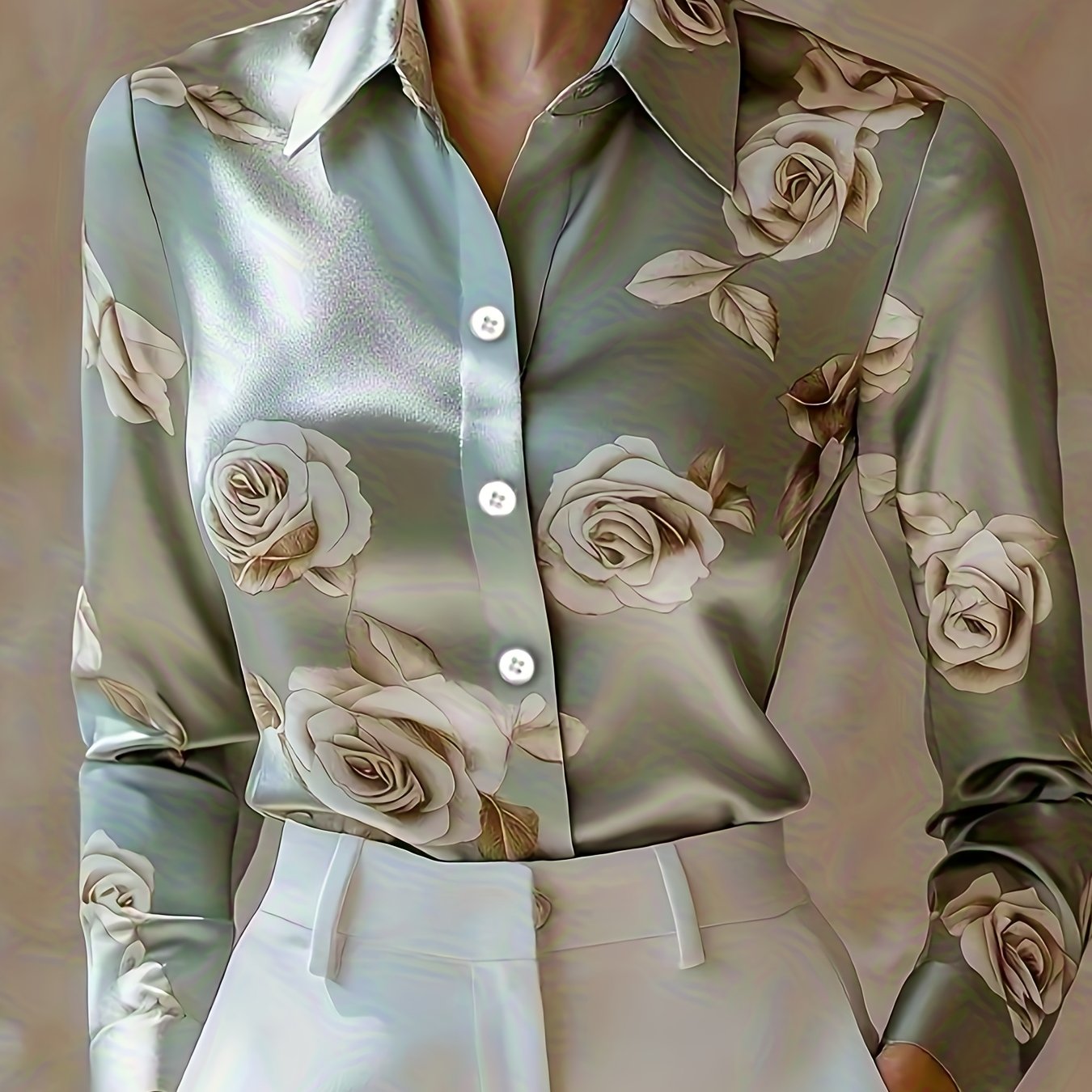 Satin Print Lapel Button Shirt