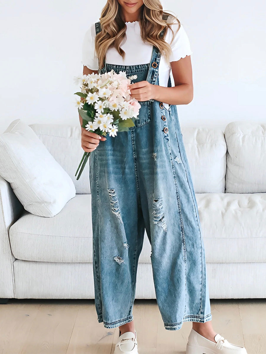 Luxury Distressed Washed Denim Overall Jumpsuit