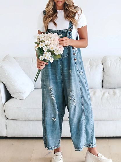 Luxury Distressed Washed Denim Overall Jumpsuit