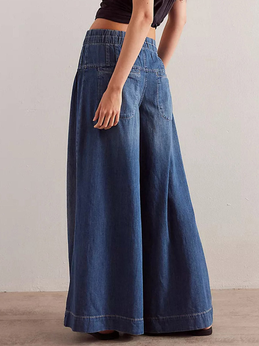 Wide-Leg Denim Drawstring Jeans