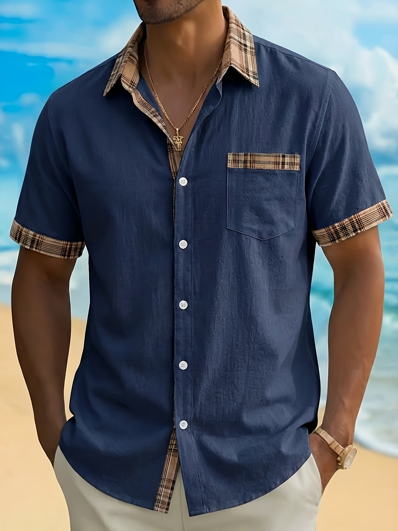 Plaid Patchwork Pocket Short Sleeve Shirt