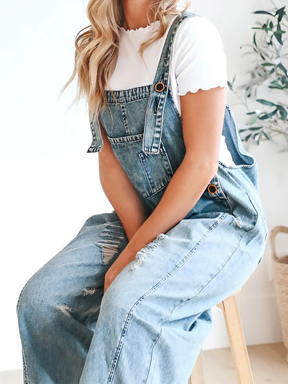 Luxury Distressed Washed Denim Overall Jumpsuit