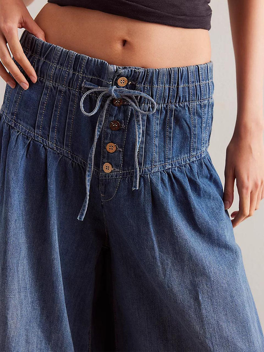 Wide-Leg Denim Drawstring Jeans