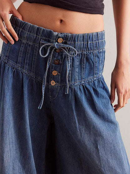Wide-Leg Denim Drawstring Jeans