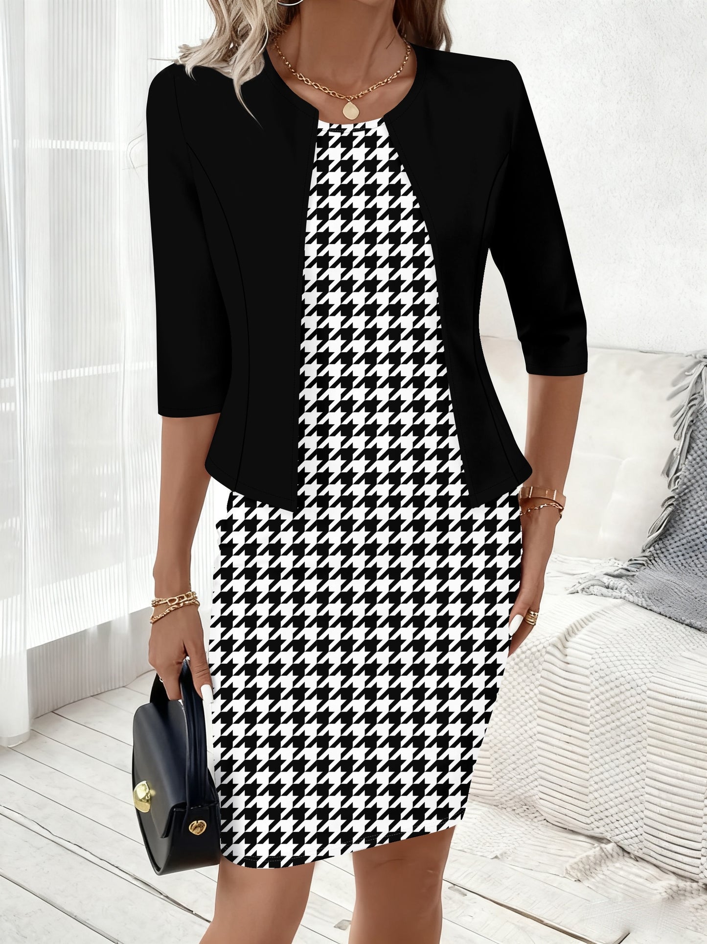 Houndstooth Knit Round Neck Dress Set