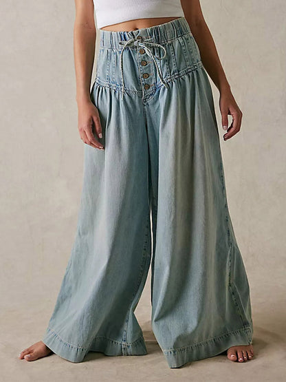 Wide-Leg Denim Drawstring Jeans