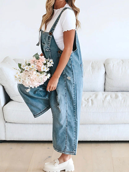 Luxury Distressed Washed Denim Overall Jumpsuit