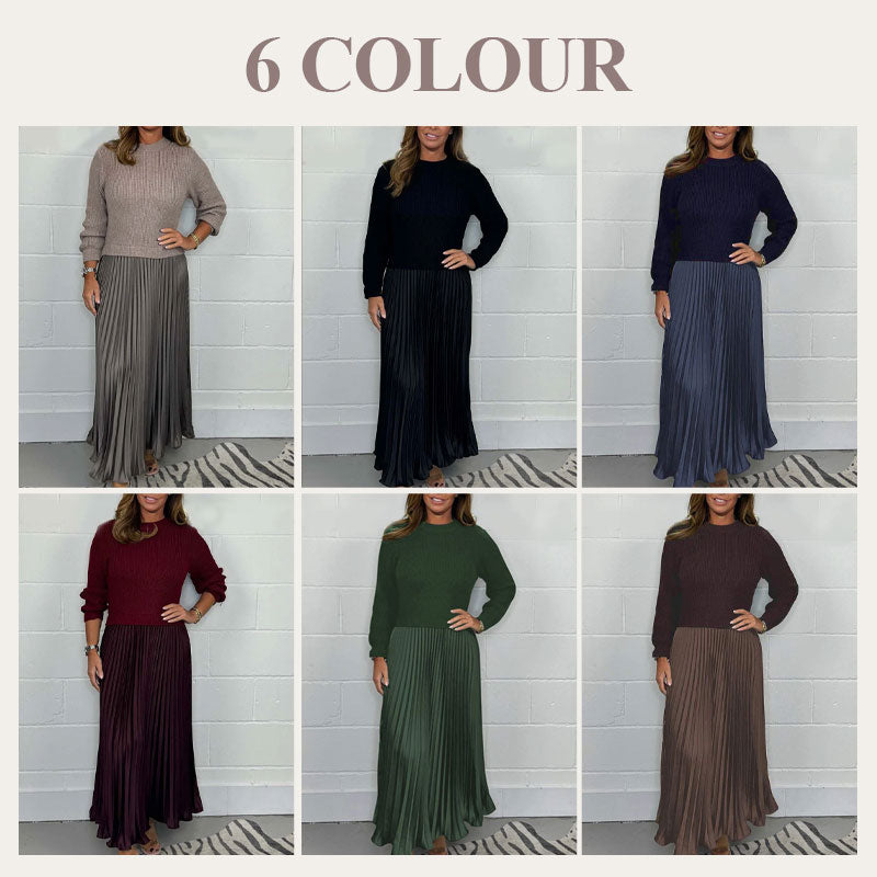Women's Solid Color Long Sleeve Jumper & Pleated Bottom Dress