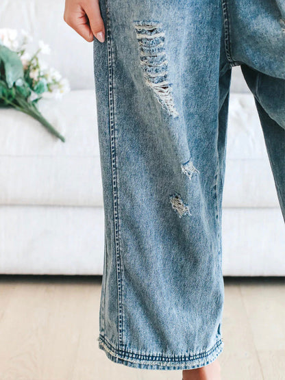 Luxury Distressed Washed Denim Overall Jumpsuit