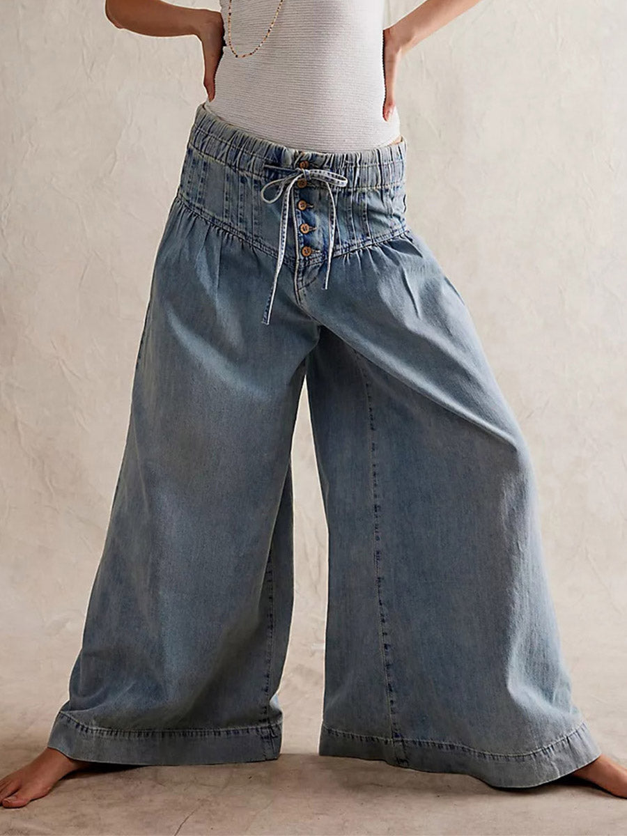 Wide-Leg Denim Drawstring Jeans