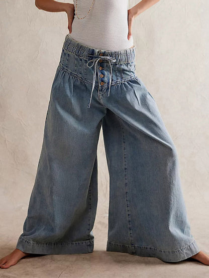 Wide-Leg Denim Drawstring Jeans