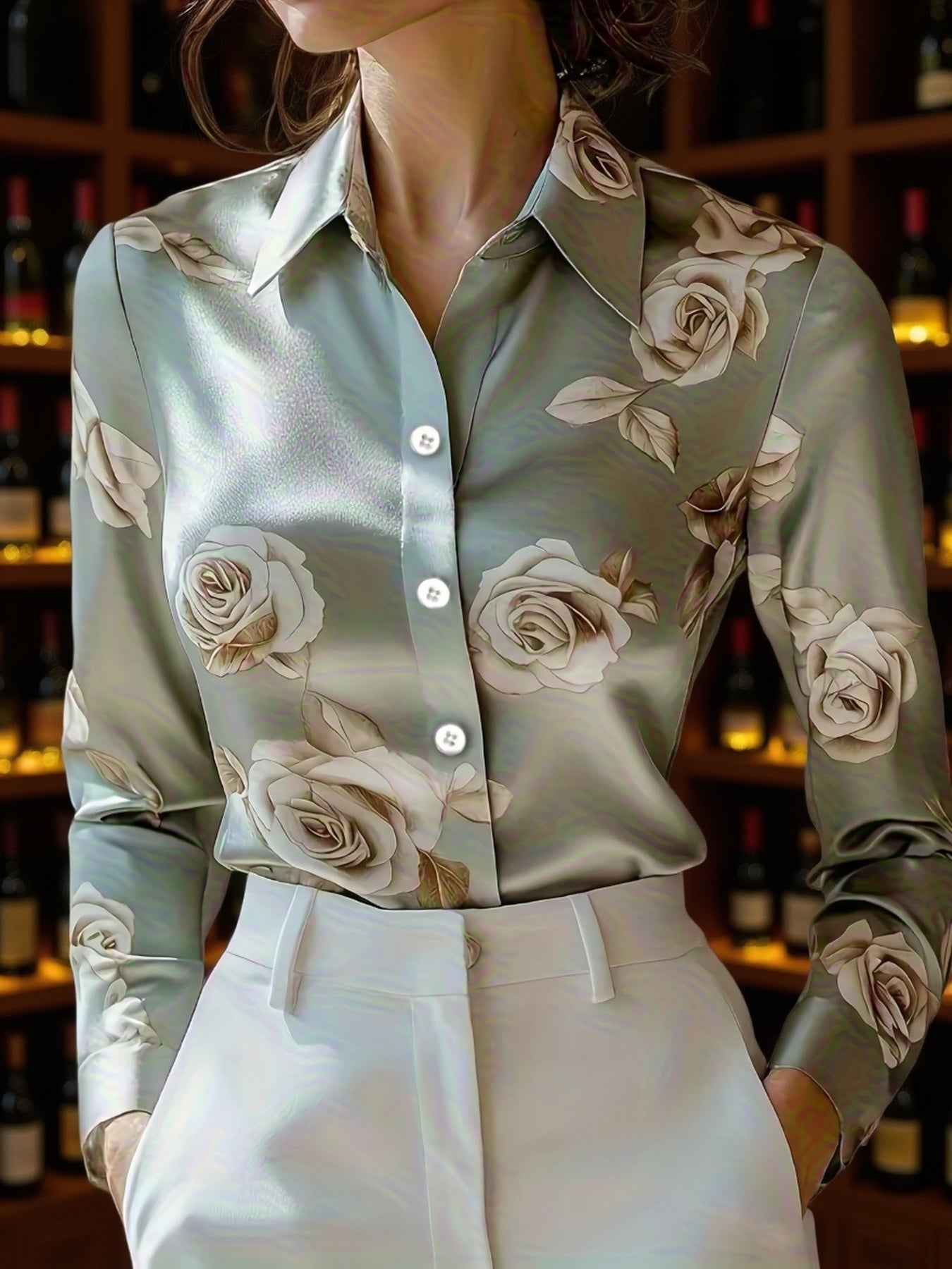Satin Print Lapel Button Shirt