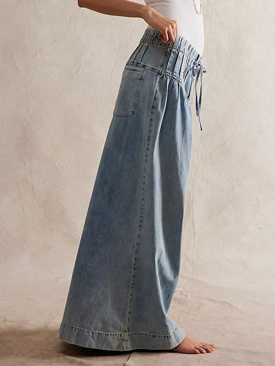 Wide-Leg Denim Drawstring Jeans