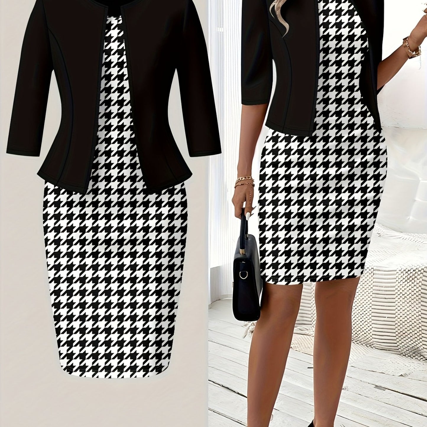 Houndstooth Knit Round Neck Dress Set