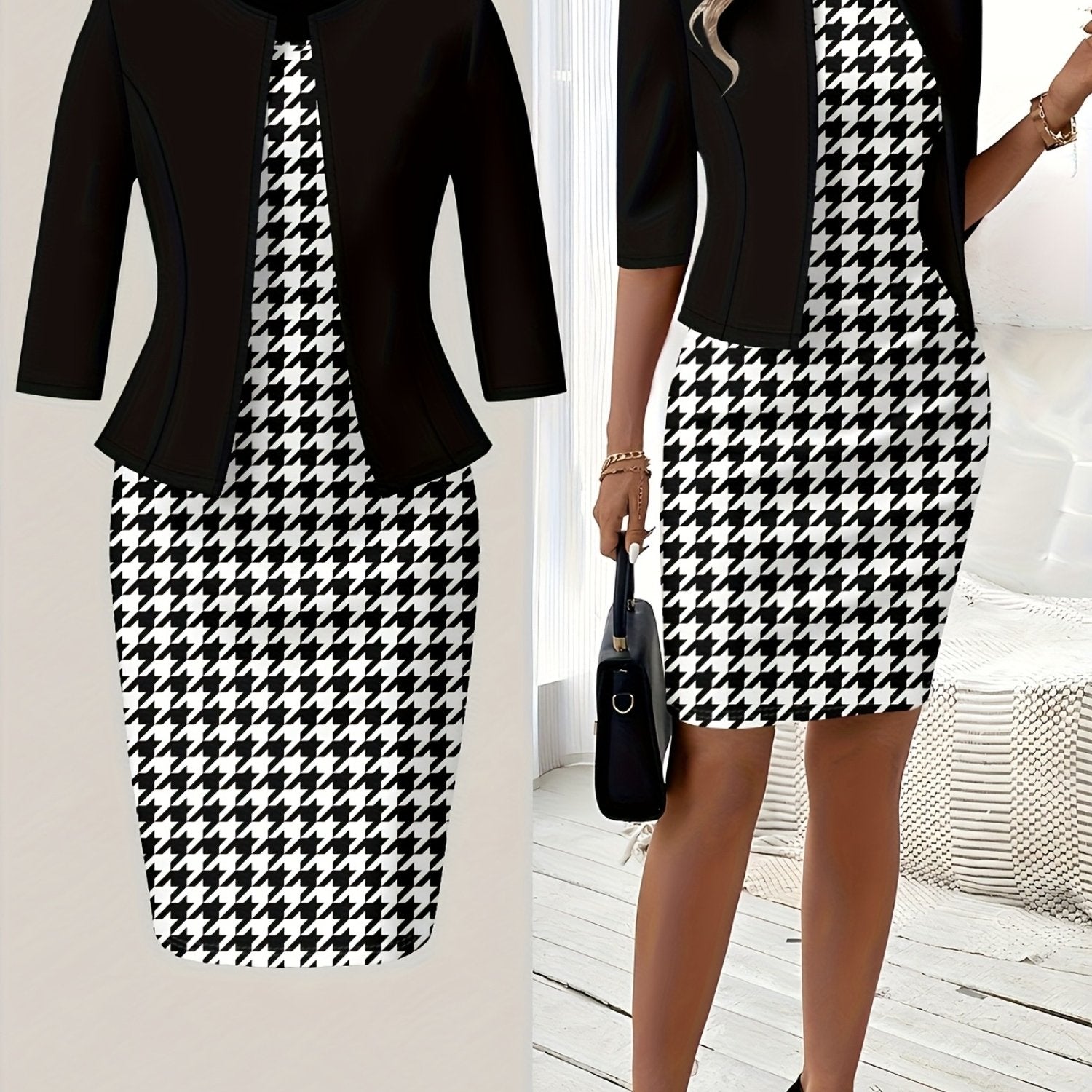 Houndstooth Knit Round Neck Dress Set