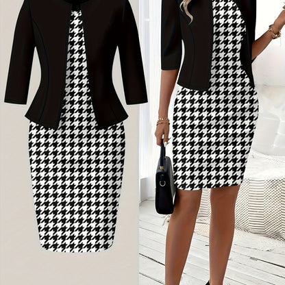 Houndstooth Knit Round Neck Dress Set