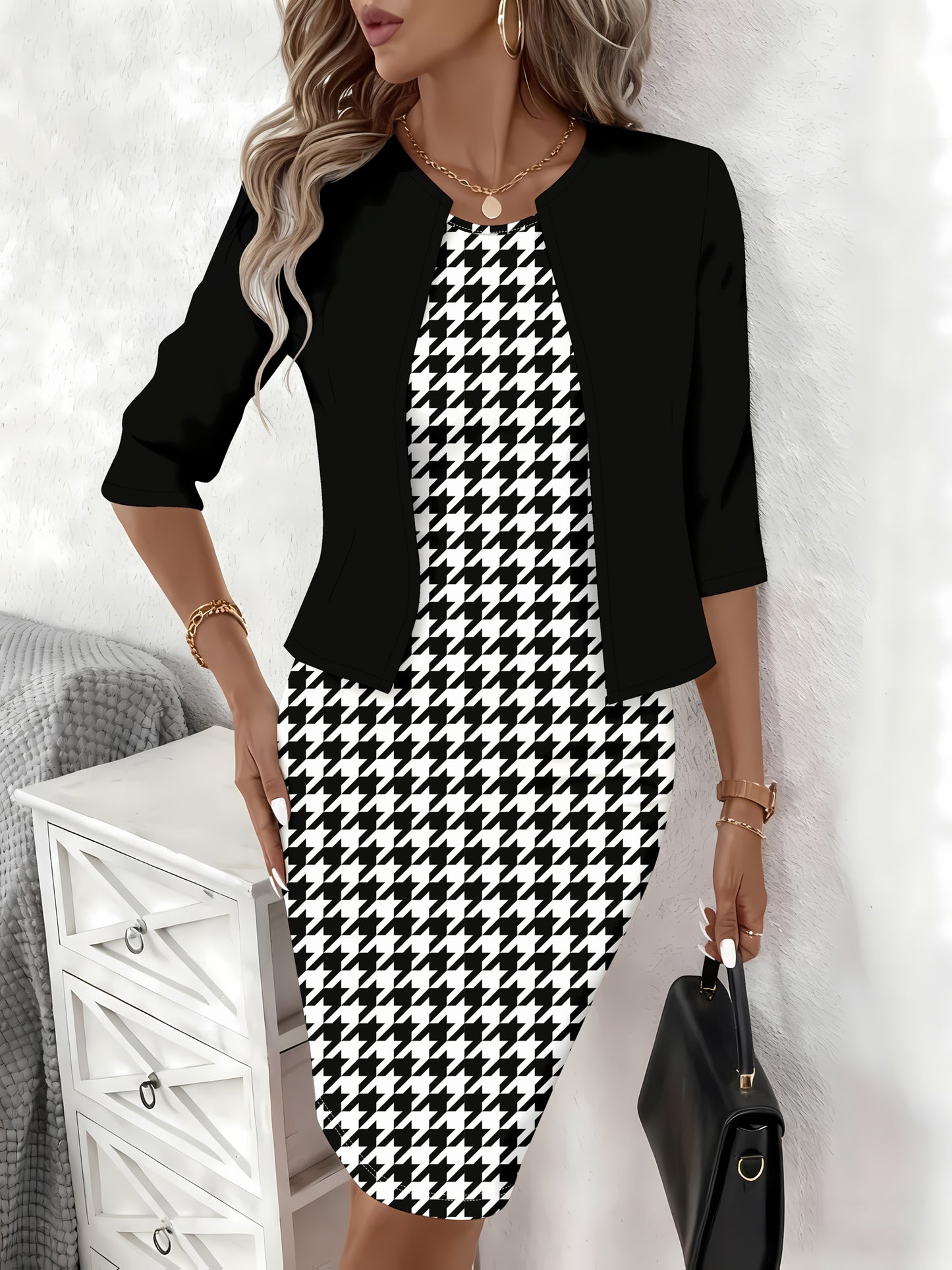 Houndstooth Knit Round Neck Dress Set