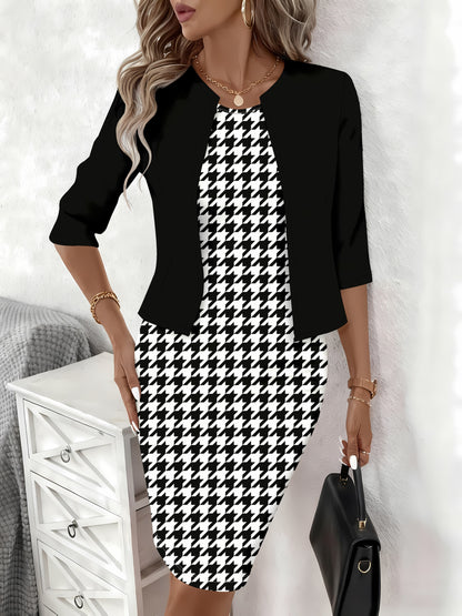 Houndstooth Knit Round Neck Dress Set