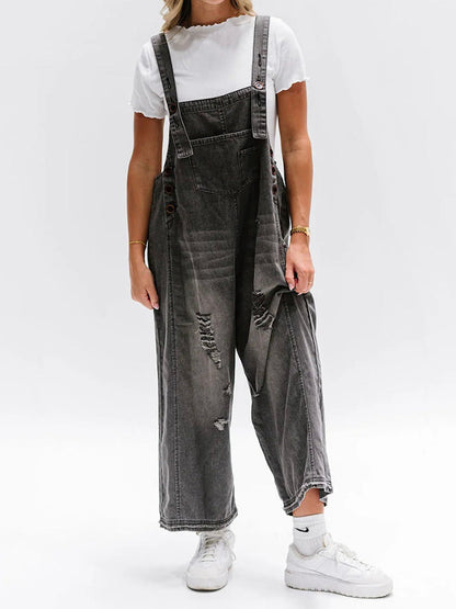 Luxury Distressed Washed Denim Overall Jumpsuit