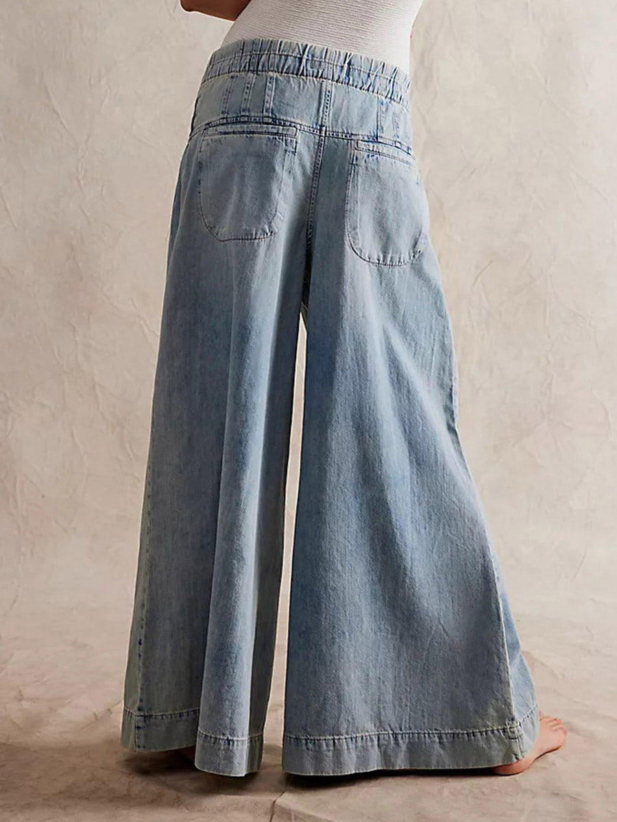 Wide-Leg Denim Drawstring Jeans