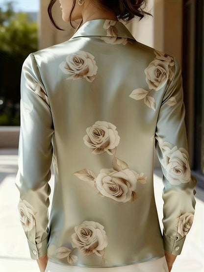 Satin Print Lapel Button Shirt