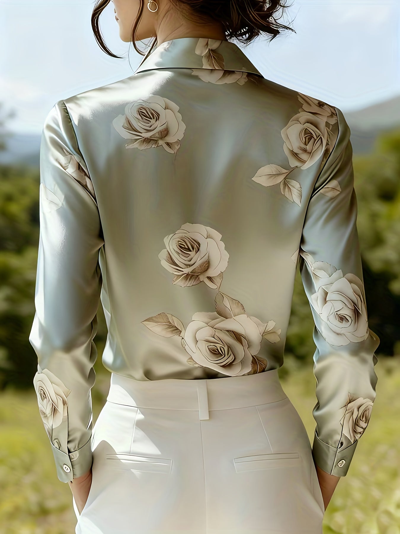 Satin Print Lapel Button Shirt