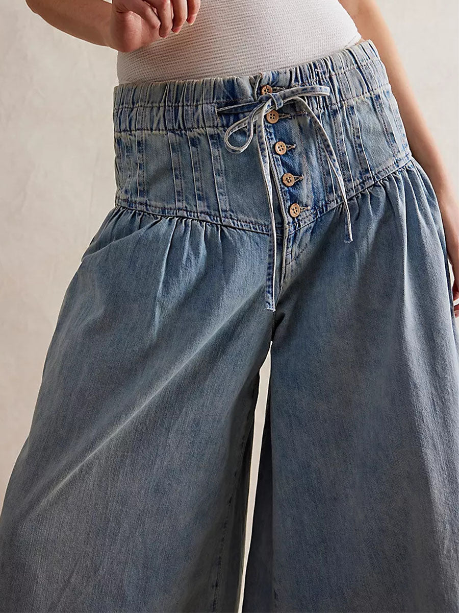Wide-Leg Denim Drawstring Jeans