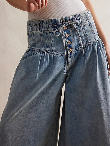 Wide-Leg Denim Drawstring Jeans