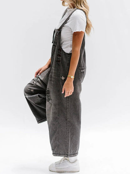 Luxury Distressed Washed Denim Overall Jumpsuit