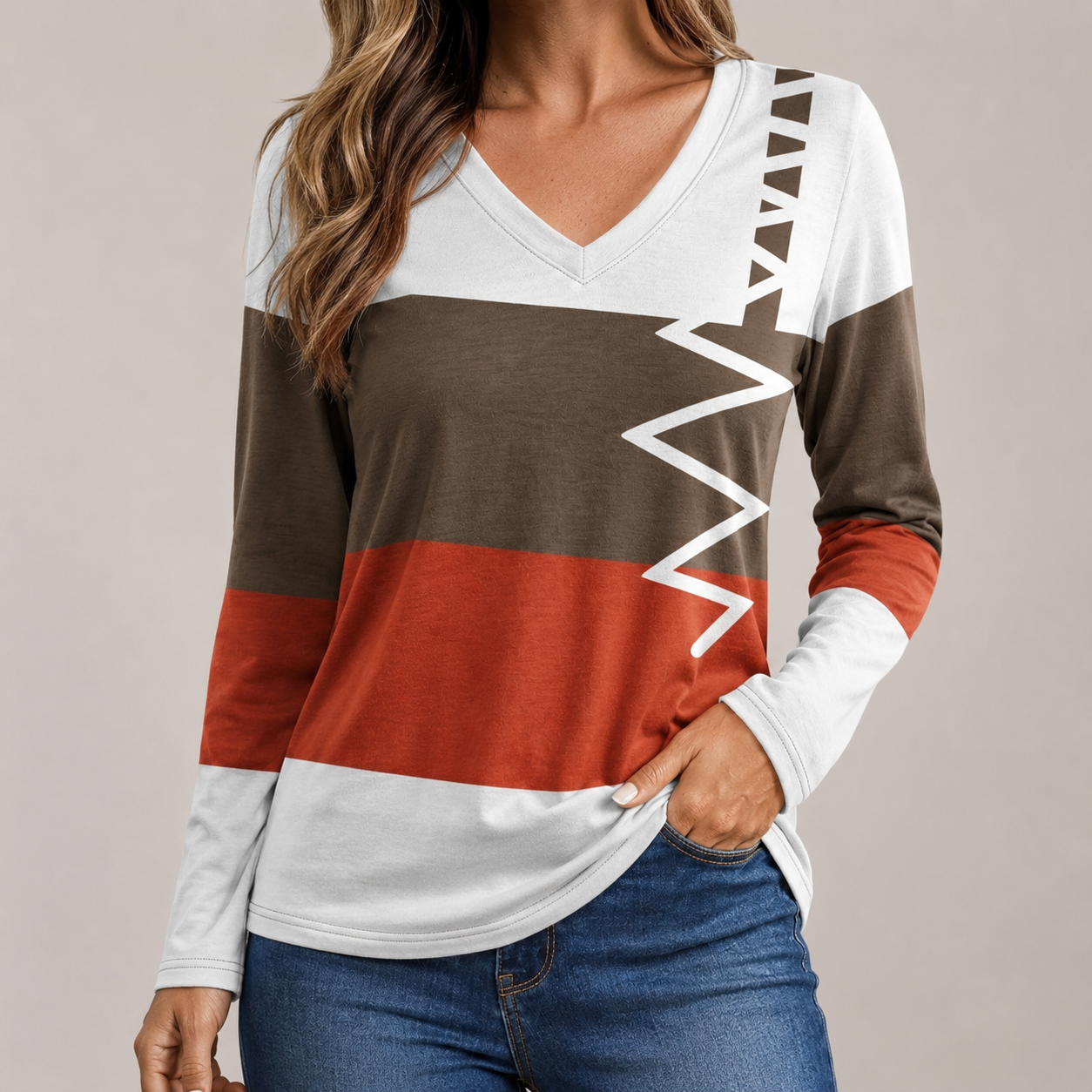 Abstract Color Block Long Sleeve V-Neck Top