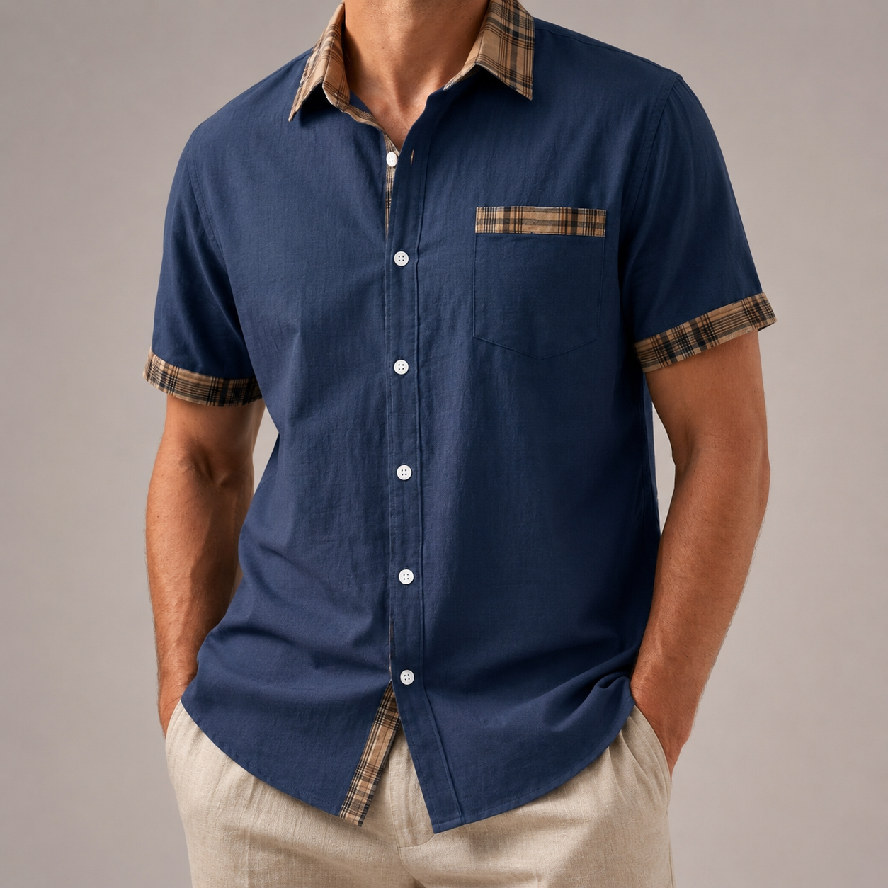 Plaid Patchwork Pocket Short Sleeve Shirt