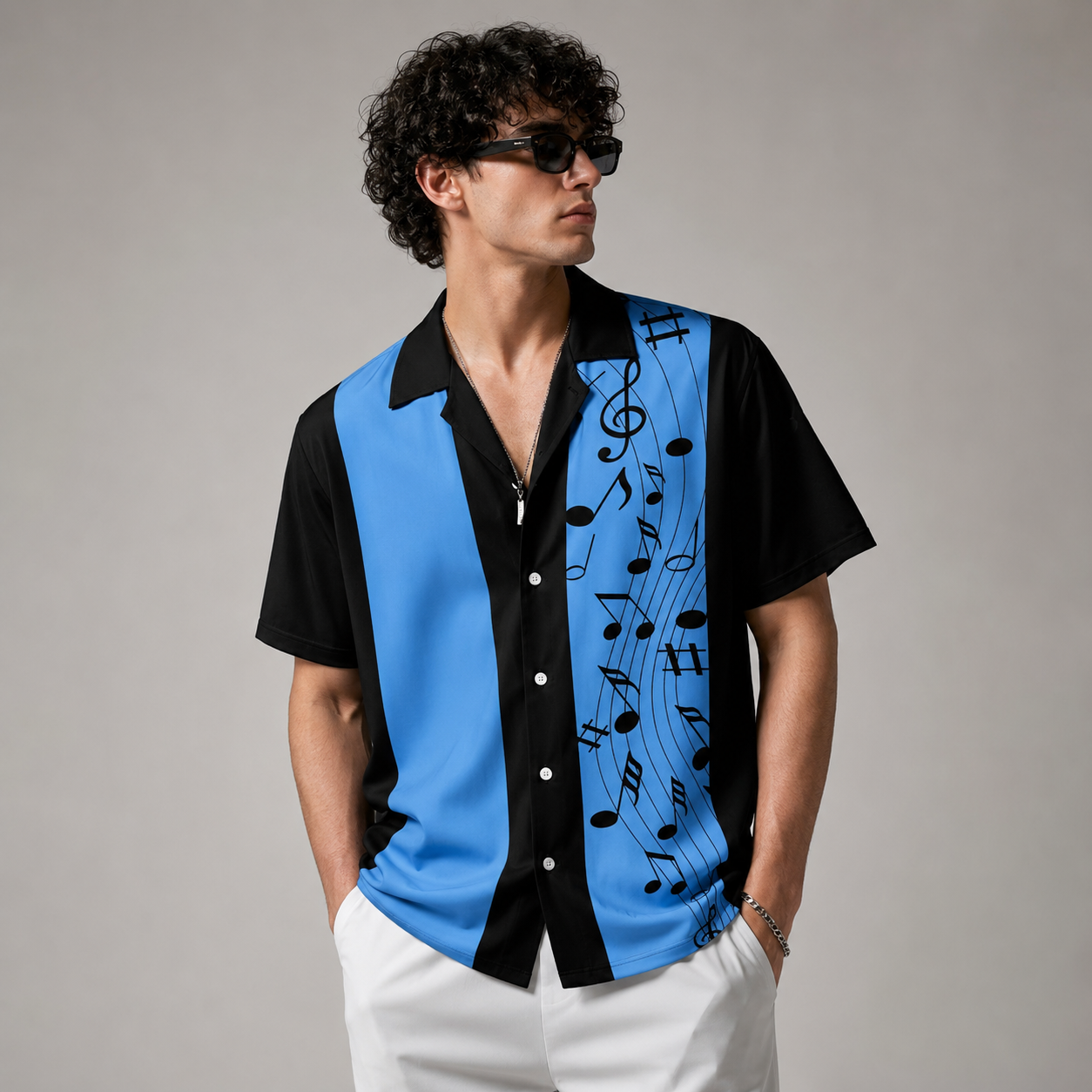 Music Tone Pattern Short Sleeve Button-Up Shirt