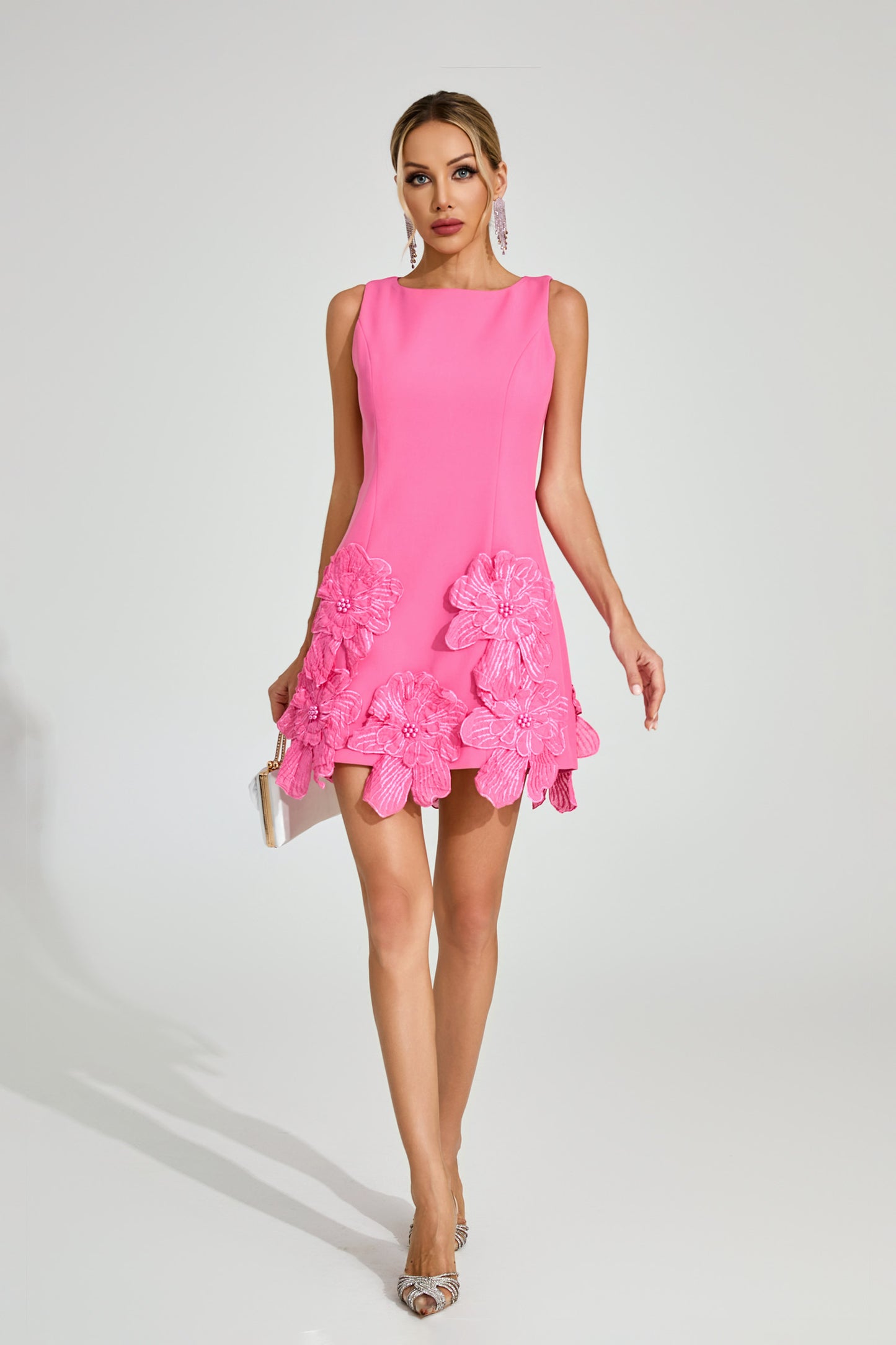 Mini Dress with Floral Appliqués in Jeremiah Pink