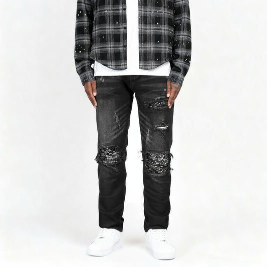 Washed Black Denim Black Paisley Patch