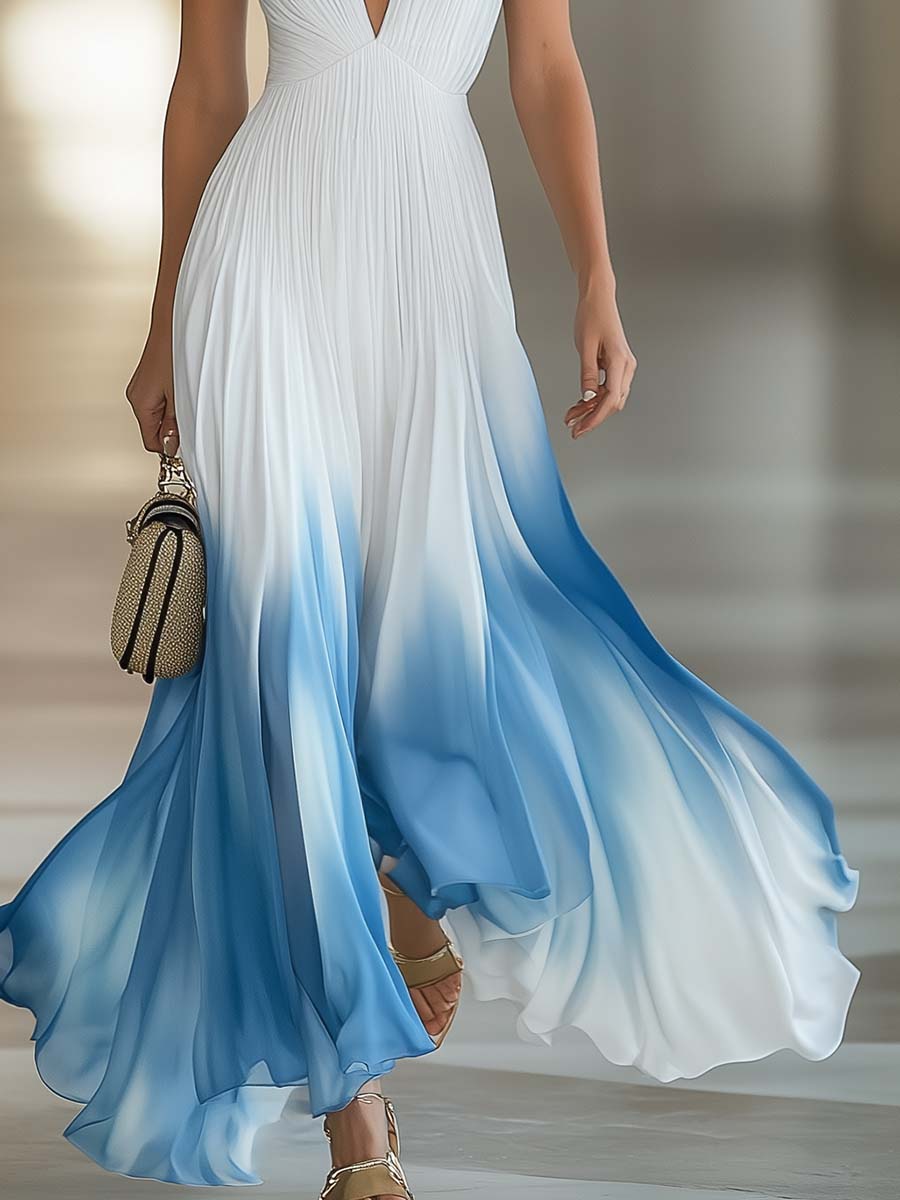 Blue Gradient Chiffon Maxi Dress