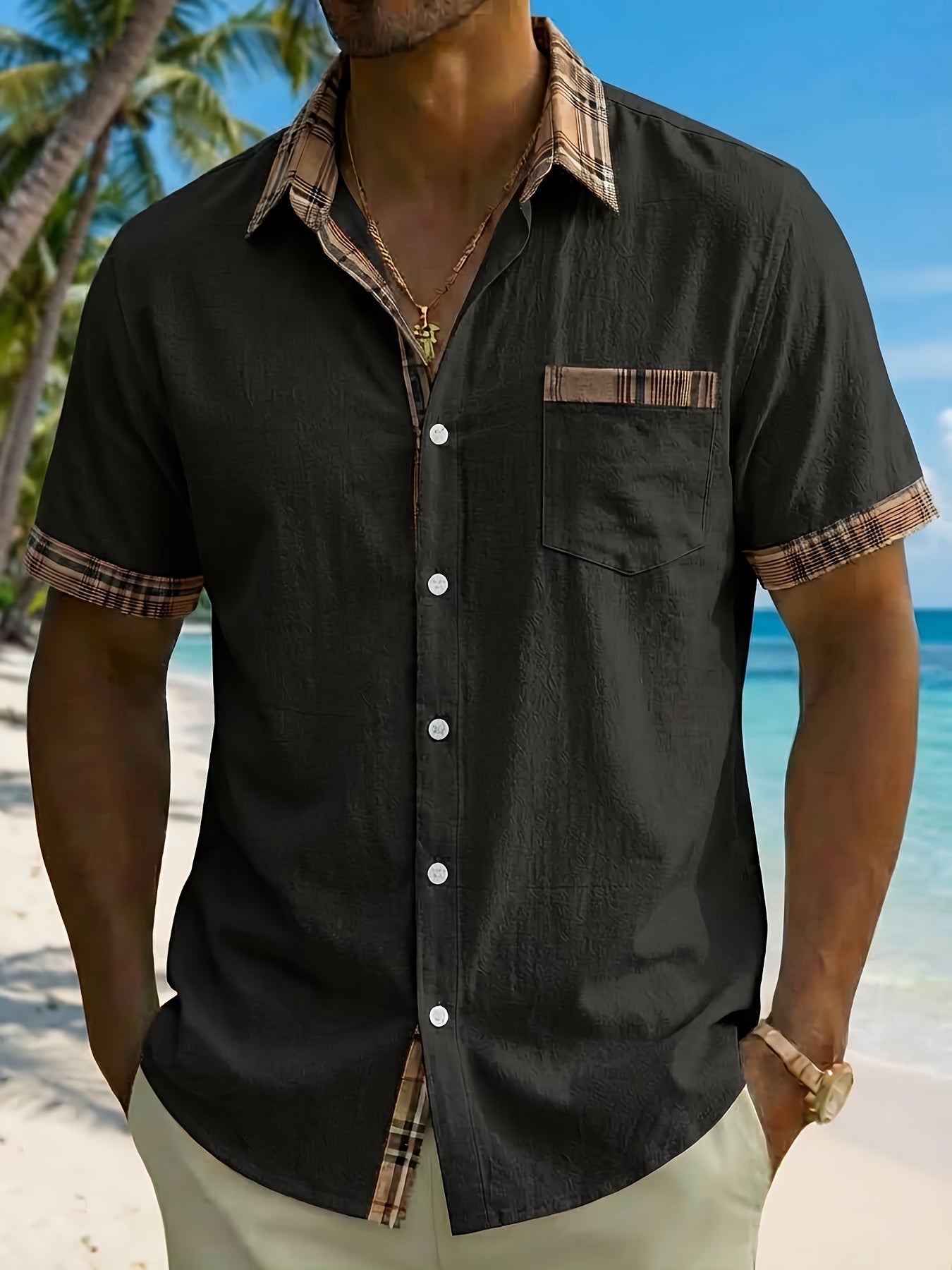 Plaid Patchwork Pocket Short Sleeve Shirt