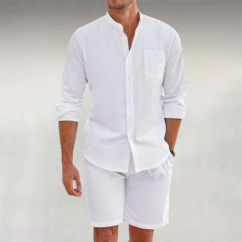 Men's Linen Stand Collar Casual Long Sleeve Shirt & Shorts 2Pcs Set
